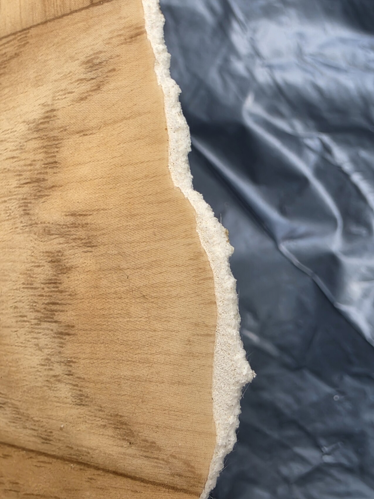 Holzstück mit weißer Faserkante, Holzmaserung sichtbar, dunkler Kunststoff im Hintergrund.