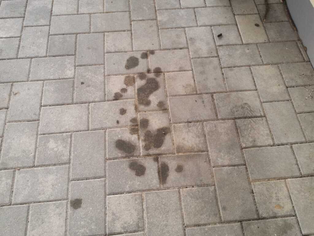 Nasse fussabdruecke auf gepflasterter terrasse mit quadratischen Pflastersteinen.