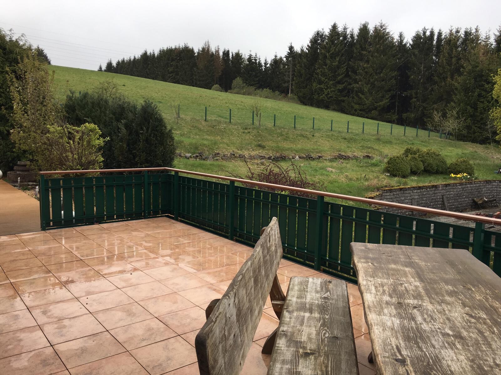 Terrasse mit beigen Fliesen, grünem Geländer und Holztisch; Wiese und Wald dahinter.