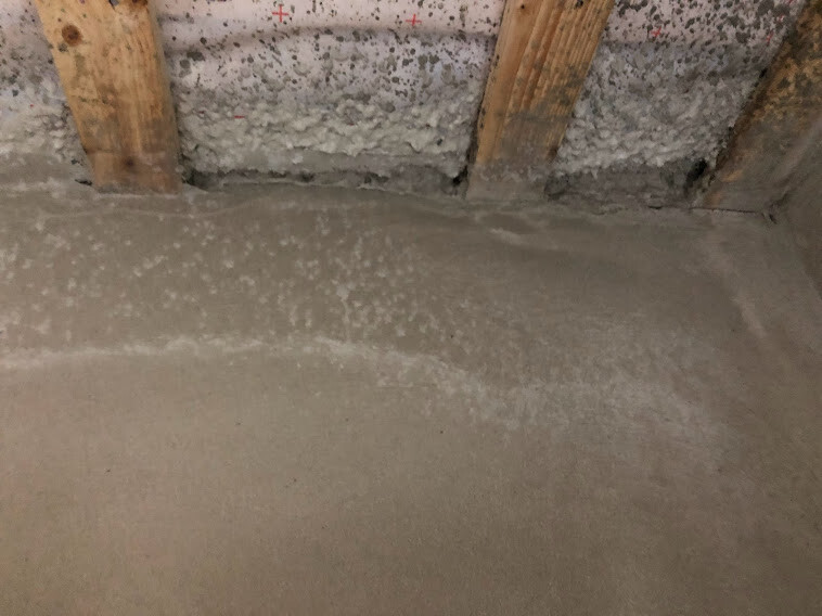 Kellerboden aus Beton mit Holzbalken; weiße Salzausblühungen an der Wand.