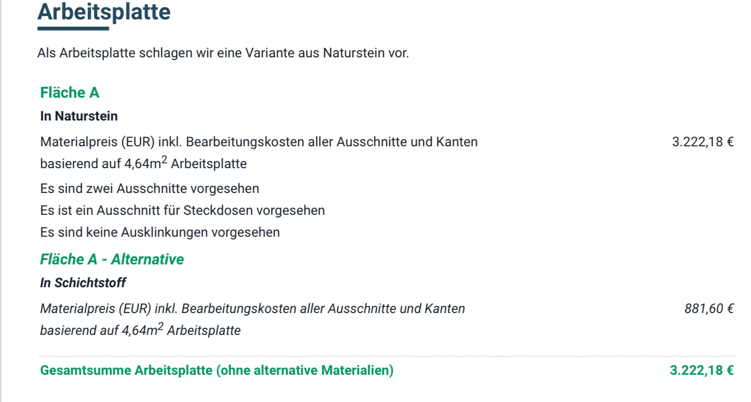 Preisübersicht für Arbeitsplatten: Fläche A in Naturstein und Alternative aus Schichtstoff.