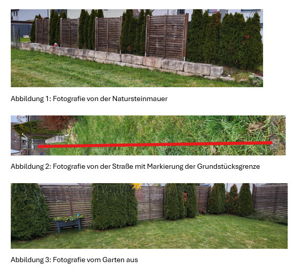 Gartenbereich mit Natursteinmauer, Holzsichtschutzzaun und grünem Rasen