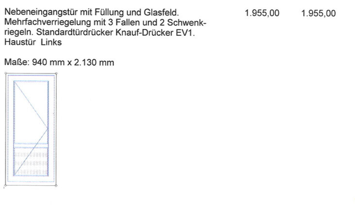 Nebeneingangstür mit Glasfeld und Füllung, links angeschlagen, Maße 940 × 2130 mm.