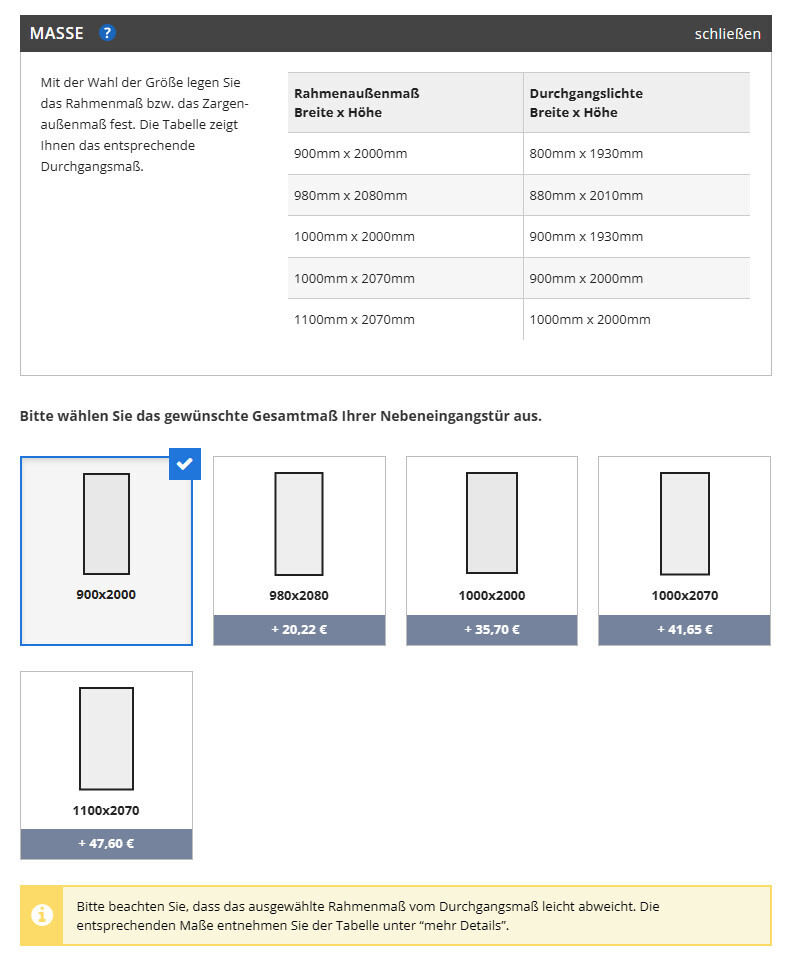 UI zur Auswahl unterschiedlicher Gesamtmaße einer Nebeneingangstür mit Größenoptionen.