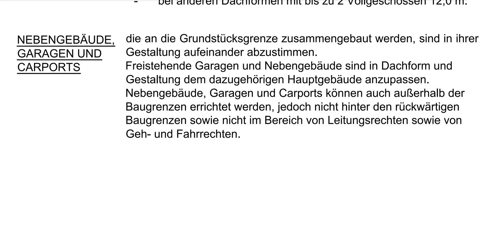 Textdokument mit Überschriften zu Nebengebaeuden, Garagen und Carports.