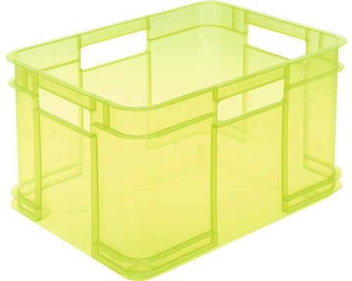 Transparente neon-gelbe Kunststoffbox mit Griffen, Aufbewahrungsbox.