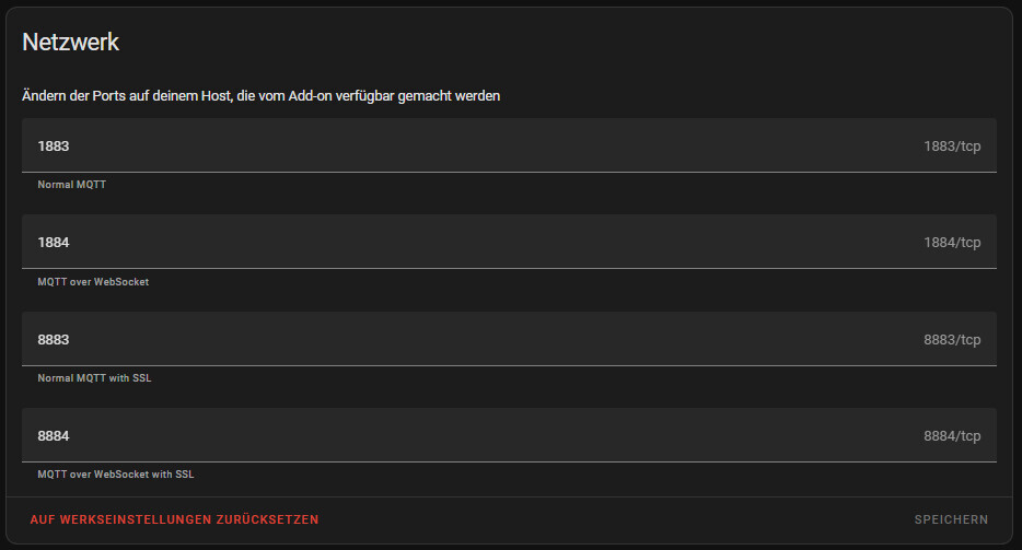 Screenshot einer Netzwerk-Konfiguration: Ports 1883, 1884, 8883, 8884 mit Beschreibungen.