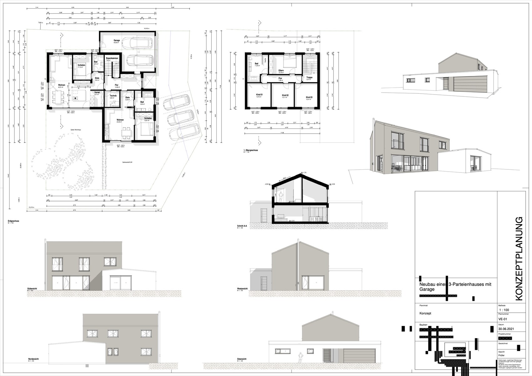 Architekturplan mit Grundrissen, Schnitten und Ansichten eines Wohnhaus-Neubaus mit Garage.