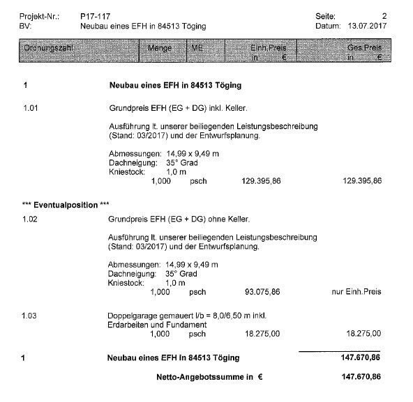 Preisübersicht EFH-Neubau 84513 Töging: Grundpreis EFH EG+DG inkl. Keller; Netto-Summe.