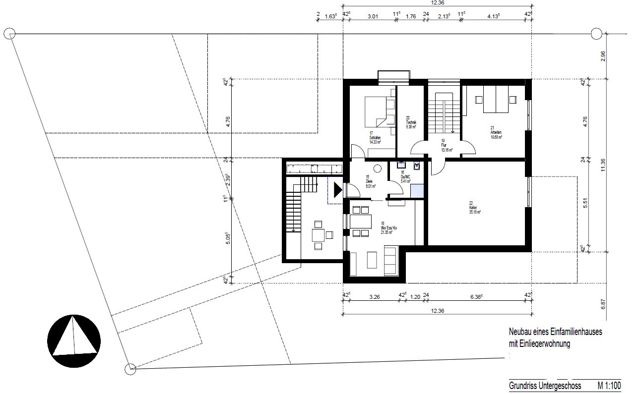Grundriss Untergeschoss eines Einfamilienhauses mit Keller, Technik, Diele und Flur.