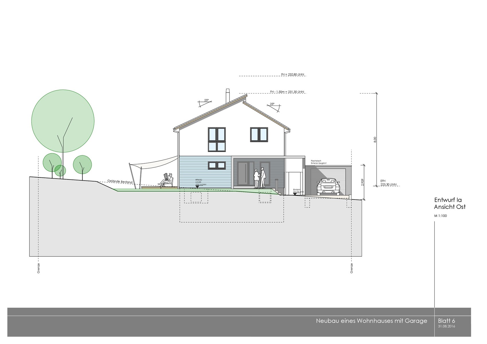 Ansicht Ost: Haus mit Garage am Hang, Bäume links, zwei Personen am Eingang.