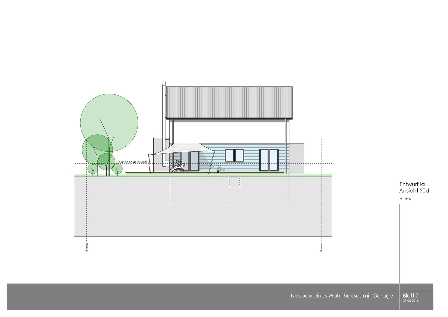 Südansicht eines Wohnhauses mit Garage, Terrasse, Sonnenschirm und Bäumen; Architekturskizze
