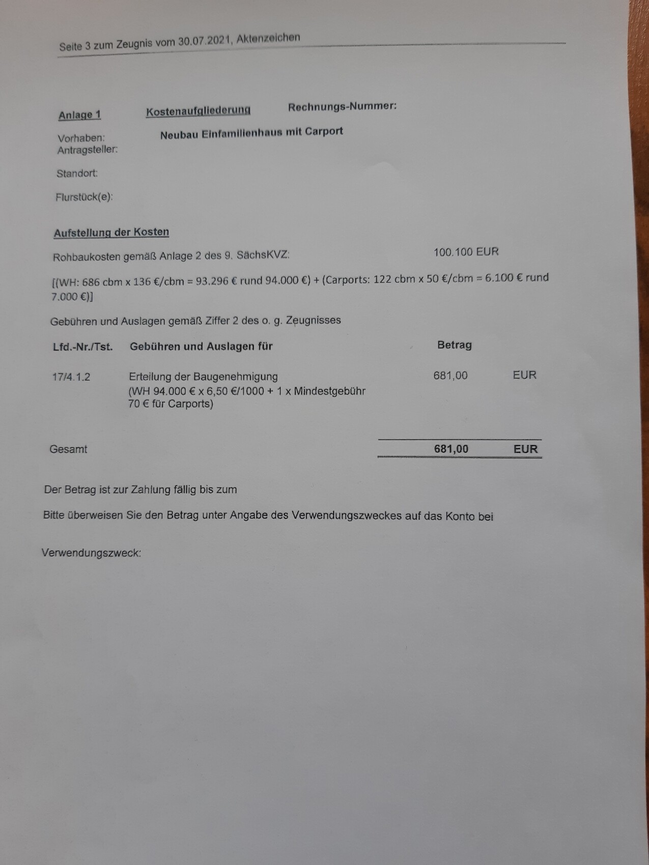 Dokument mit Kostenaufstellung: Neubau-Einfamilienhaus mit Carport, Gesamt 681,00 EUR.