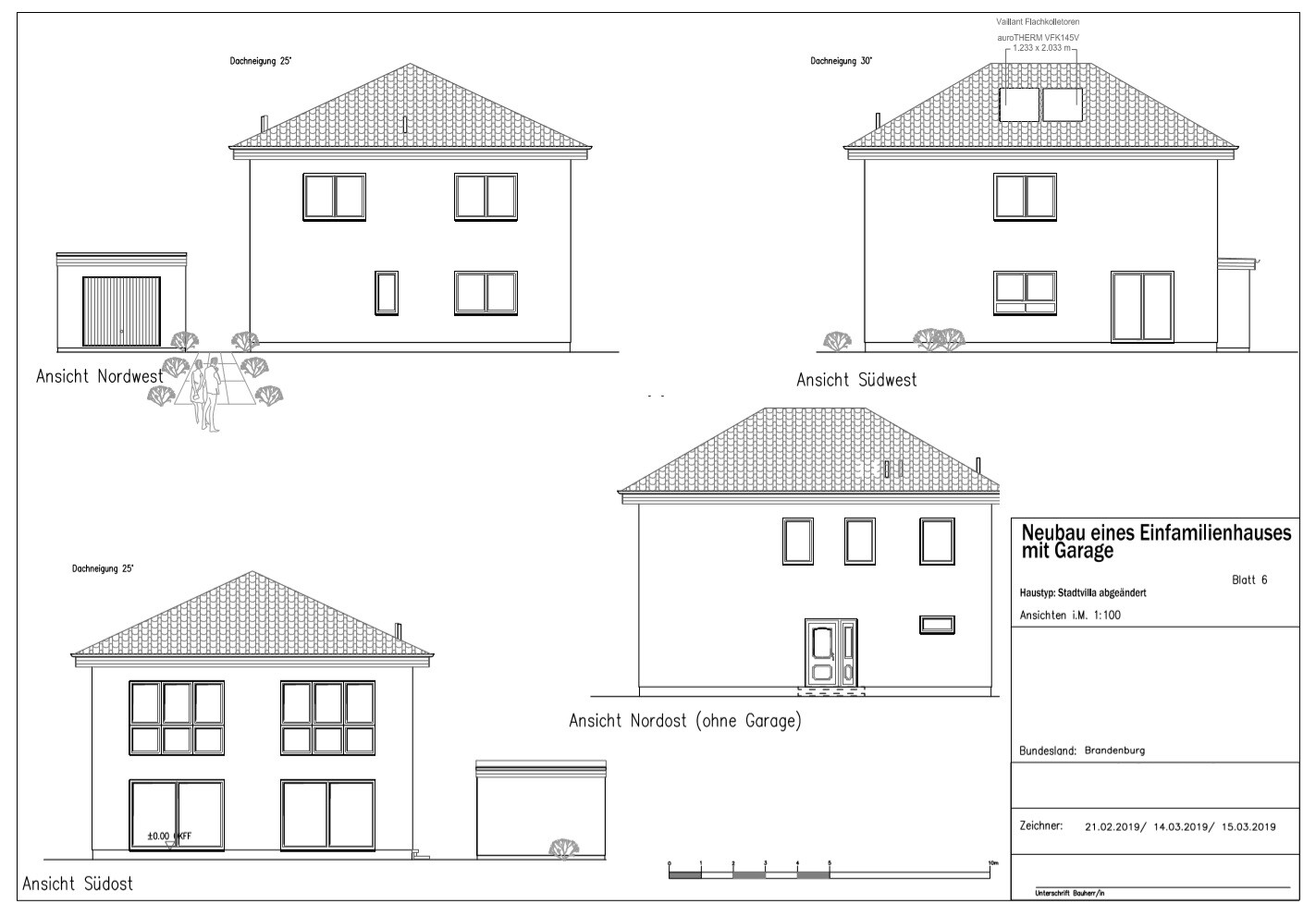 Neubau eines Einfamilienhauses mit Garage; Architektenplan mit vier Gebäudeseiten