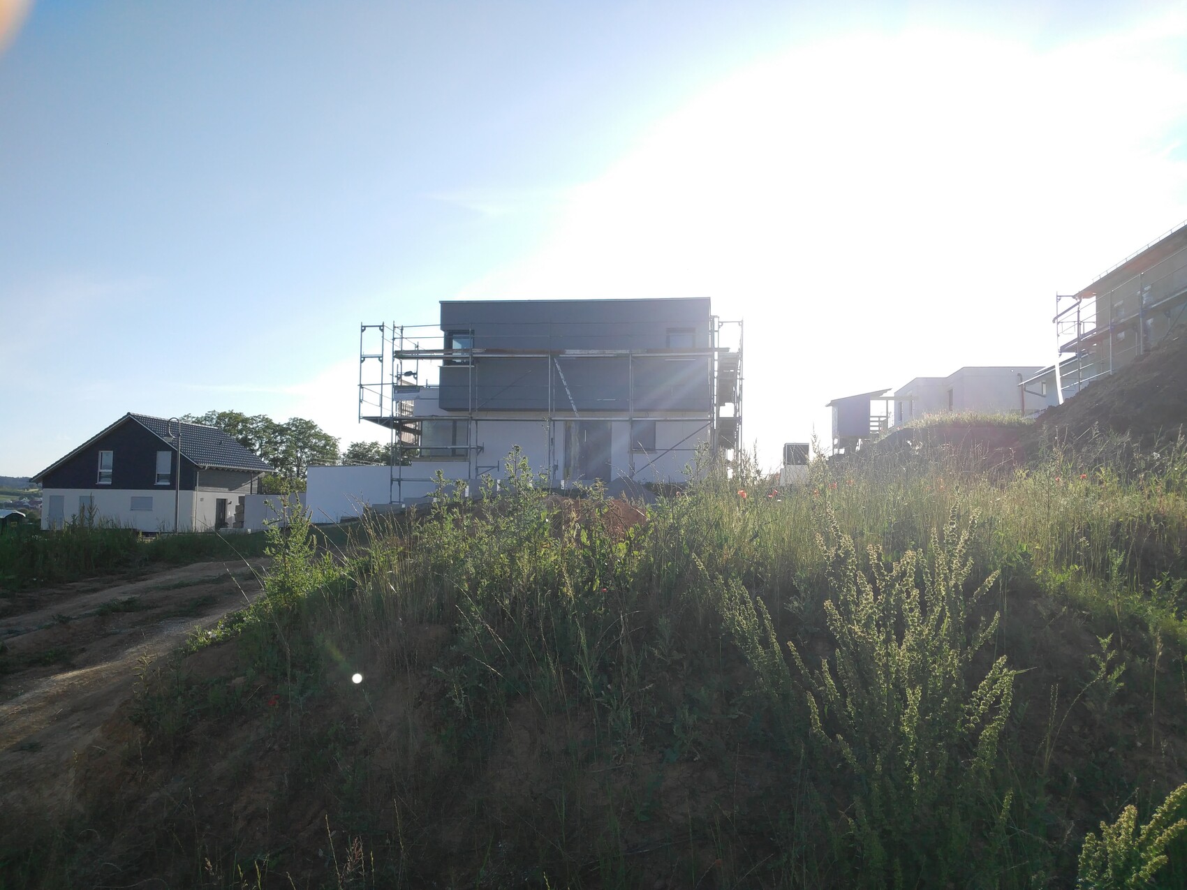 Baustelle mit Gerüst um ein modernes Wohnhaus; links ein kleines Haus, Grasgelände im Vordergrund.