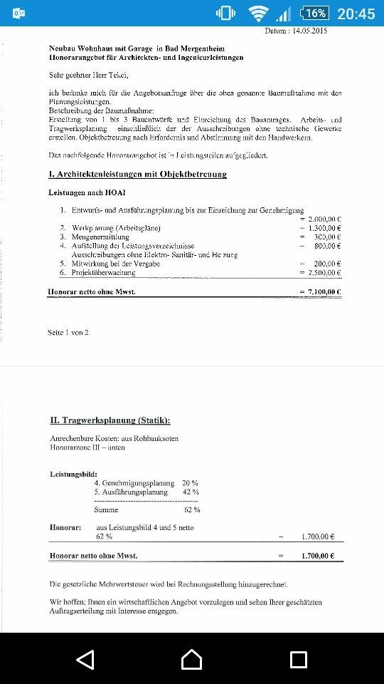 Scan eines Architektenangebots mit Kostenliste und Tabellen.