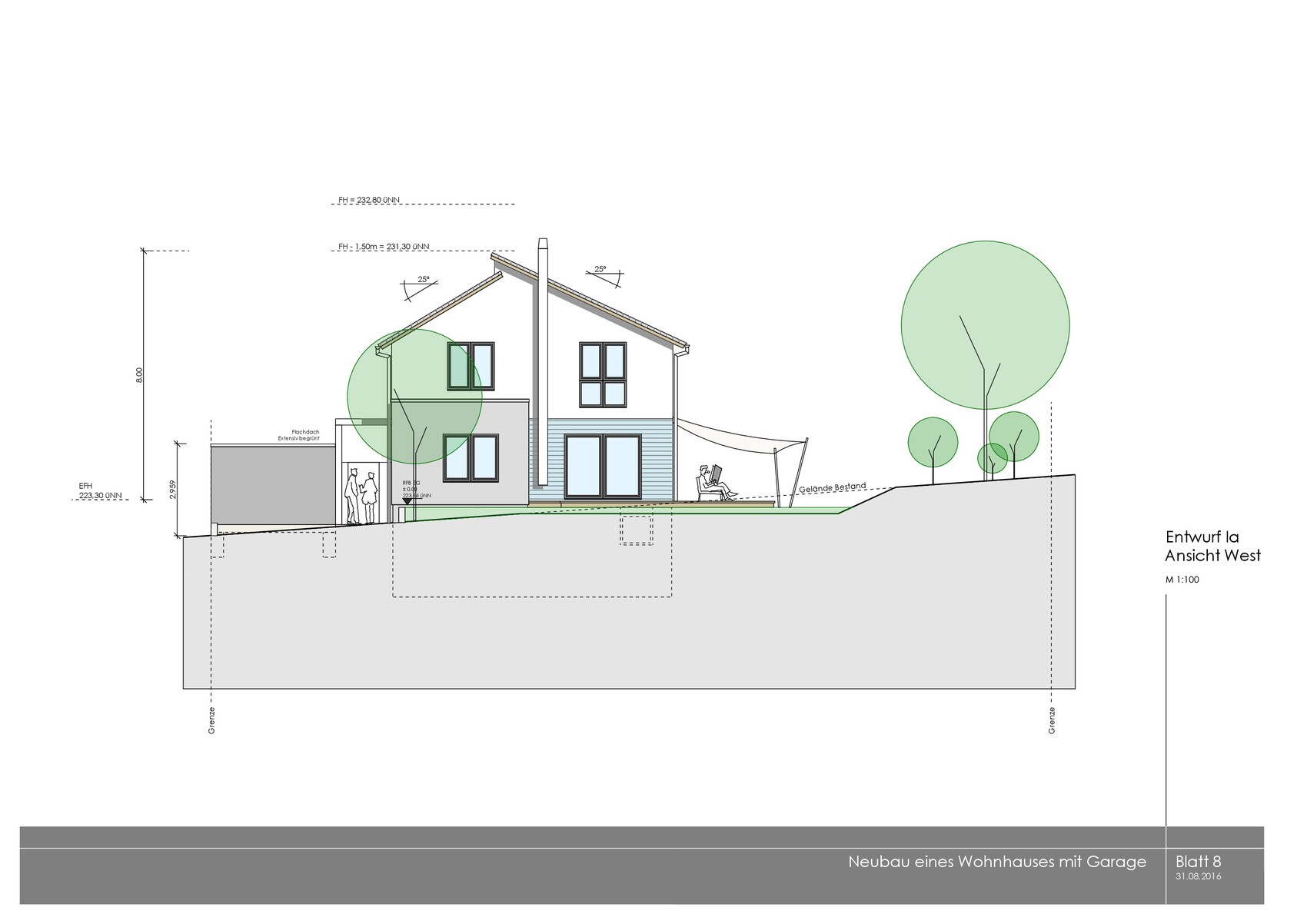 Westansicht eines zweigeschossigen Hauses mit Garage, Garten und Bäumen (Architekturzeichnung).
