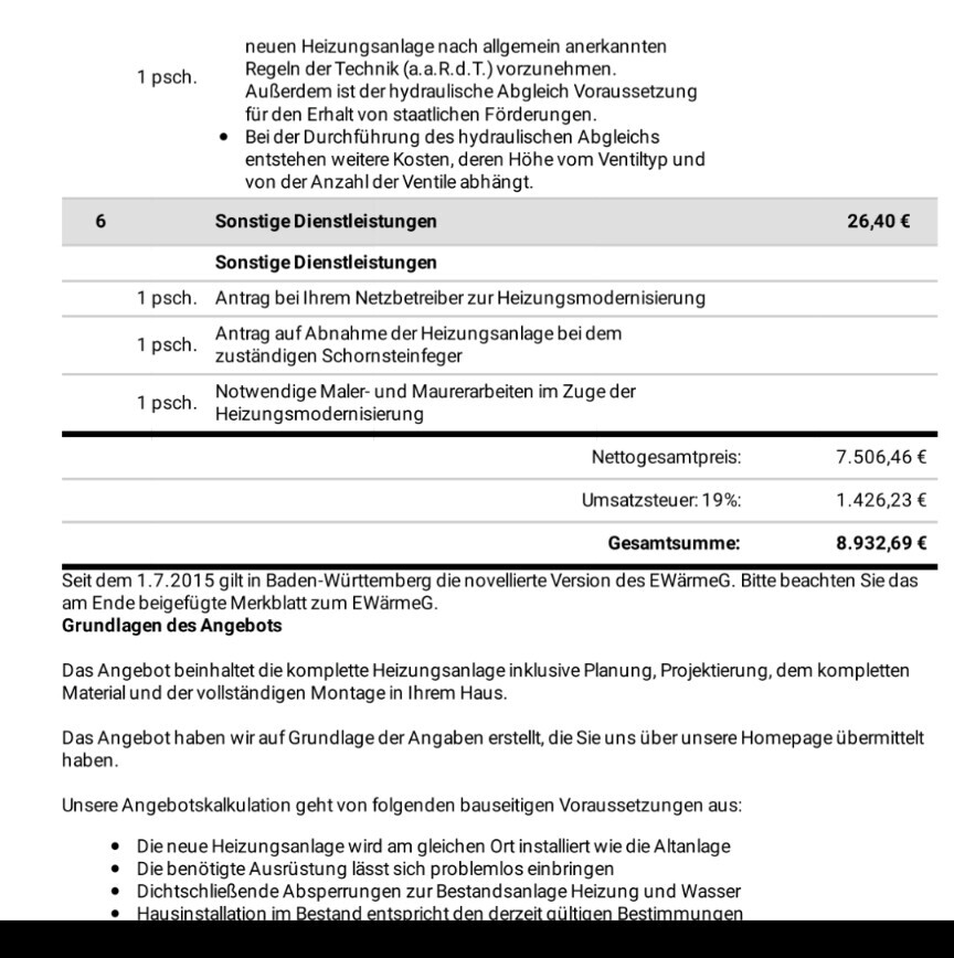 Preisübersicht eines Heizungsangebots mit Positionen und Gesamtpreis.