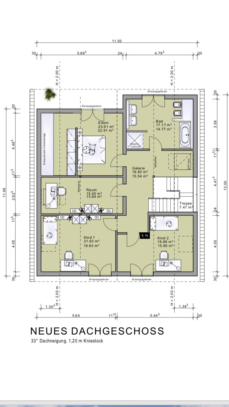 Grundriss-Dachgeschoss eines Hauses mit Schlafzimmern, Bad, Treppen und Galerie