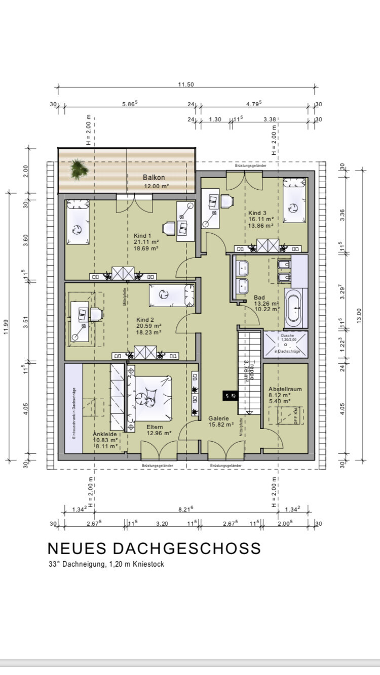 2D Grundrissplan des neuen Dachgeschosses mit Schlafzimmern, Bad und Balkon