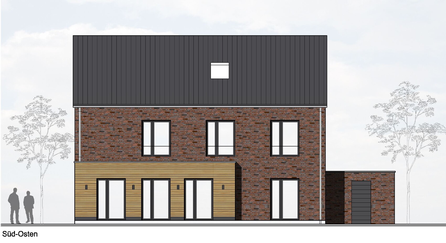 Ansicht eines zweistöckigen Backsteinhauses mit Holz-Erdgeschoss-Anbau, großen Fenstern und Garage.