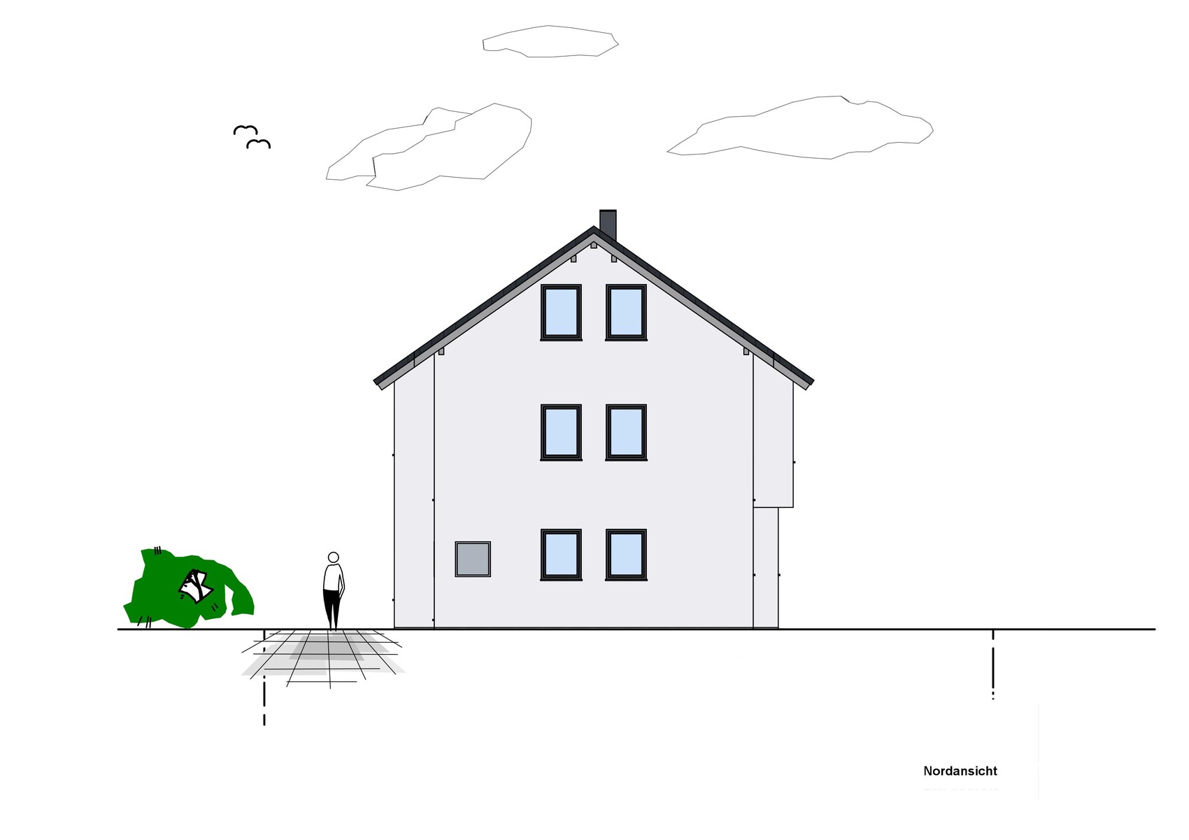 Nordansicht eines zweistöckigen Hauses mit Satteldach, Fenstern und einer Person davor.