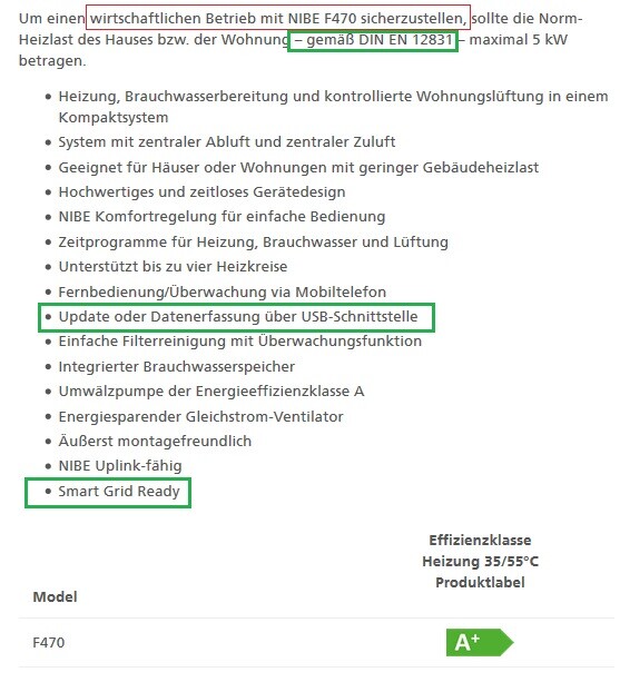 NIBE F470 Heizungs- und Lüftungsanlage mit USB-Datenerfassung und Smart Grid Ready (A+).