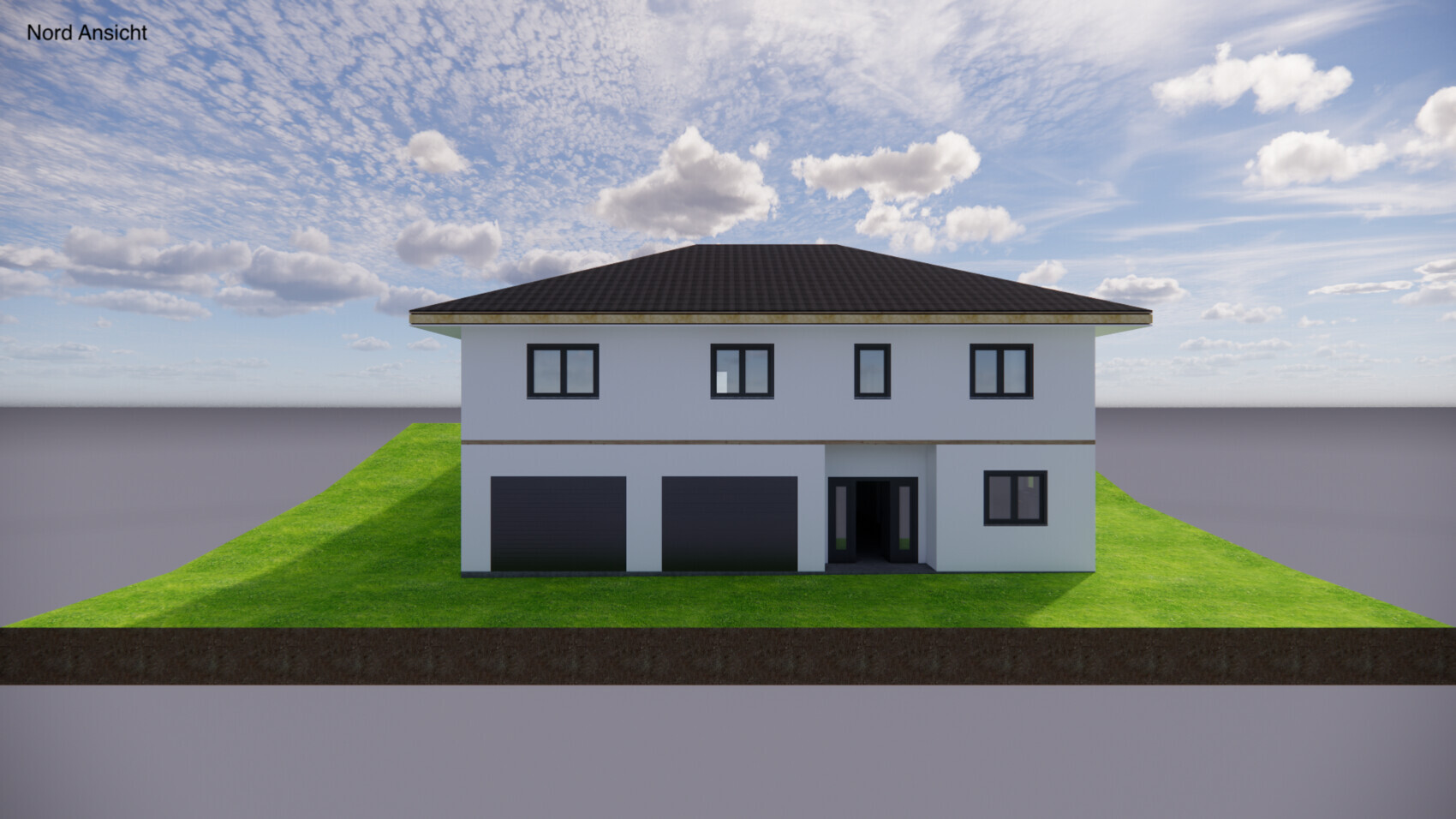 Nordansicht eines zweigeschossigen Hauses, weiße Fassade, braunes Dach, drei Garagen.