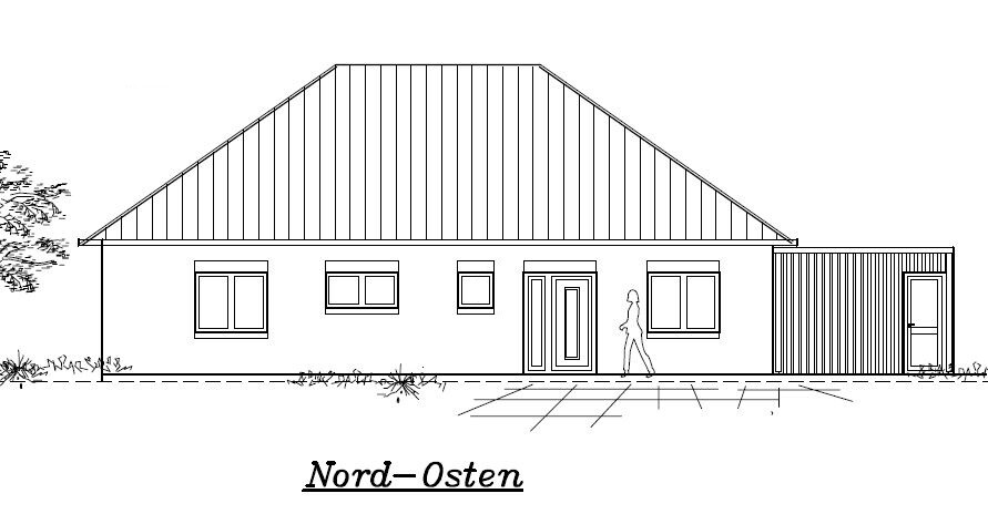 Architektenzeichnung einer ein-geschossigen Hausfront im Nordosten mit Dach und Eingang.