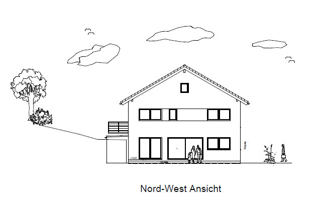 Zweistöckiges Wohnhaus in Nord-West-Ansicht als einfache Linienzeichnung mit Balkon.