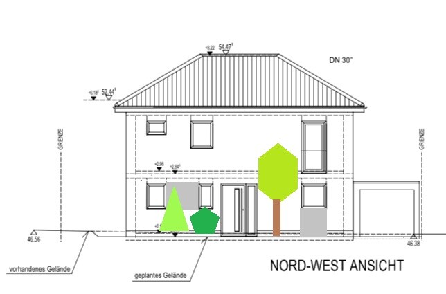 Zweistöckiges Haus; Nord-West-Ansicht, Baum rechts, Sträucher links, Eingang vorne.