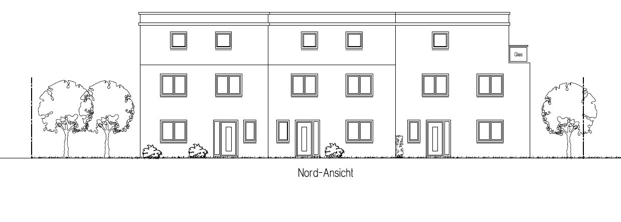 Nordansicht eines mehrstöckigen Wohnhauses mit Fenstern und Bäumen, Architekturskizze