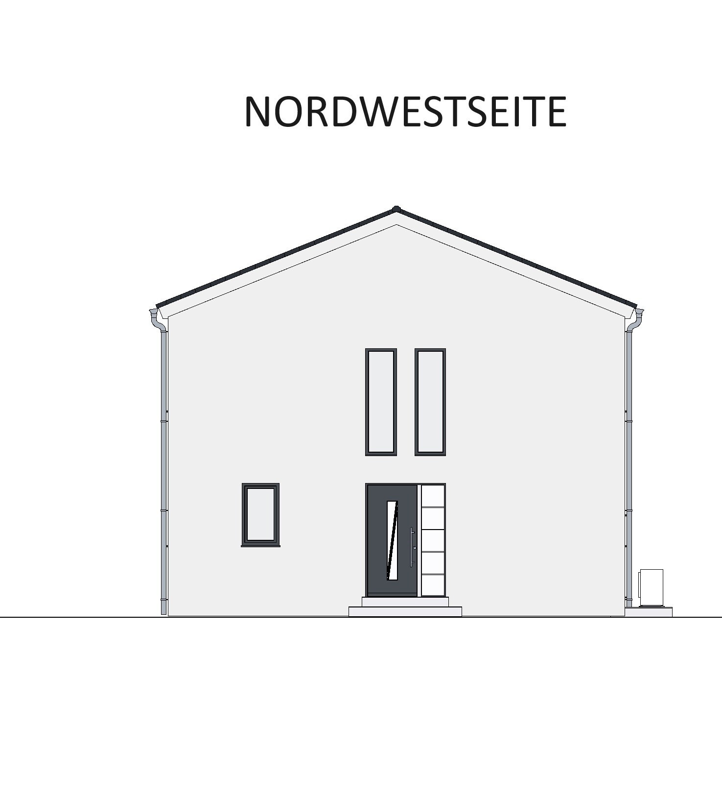 Nordwestseite eines Hauses: Frontansicht mit Eingangstür, Treppenstufen und zwei hohen Fenstern.
