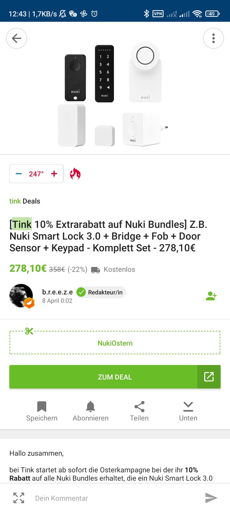 Nuki Smart Lock 3.0 mit Bridge, Fob, Türsensor und Keypad als Komplettset.