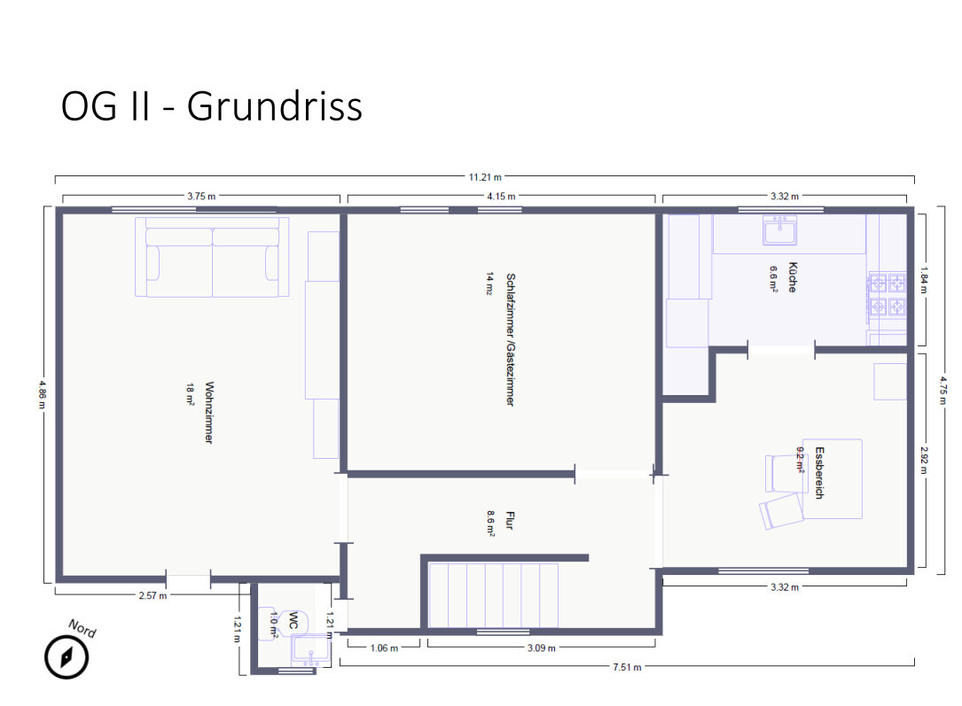 OG II Grundriss: links Wohnzimmer, Mitte Schlafzimmer/Gästezimmer, rechts Küche mit Essbereich, Flur.