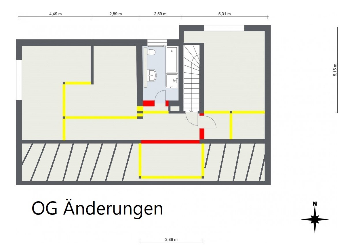 Grundriss OG mit Änderungsmarken: gelb=neue Verläufe, rot=Änderungen; Treppe, Bad, Räume.
