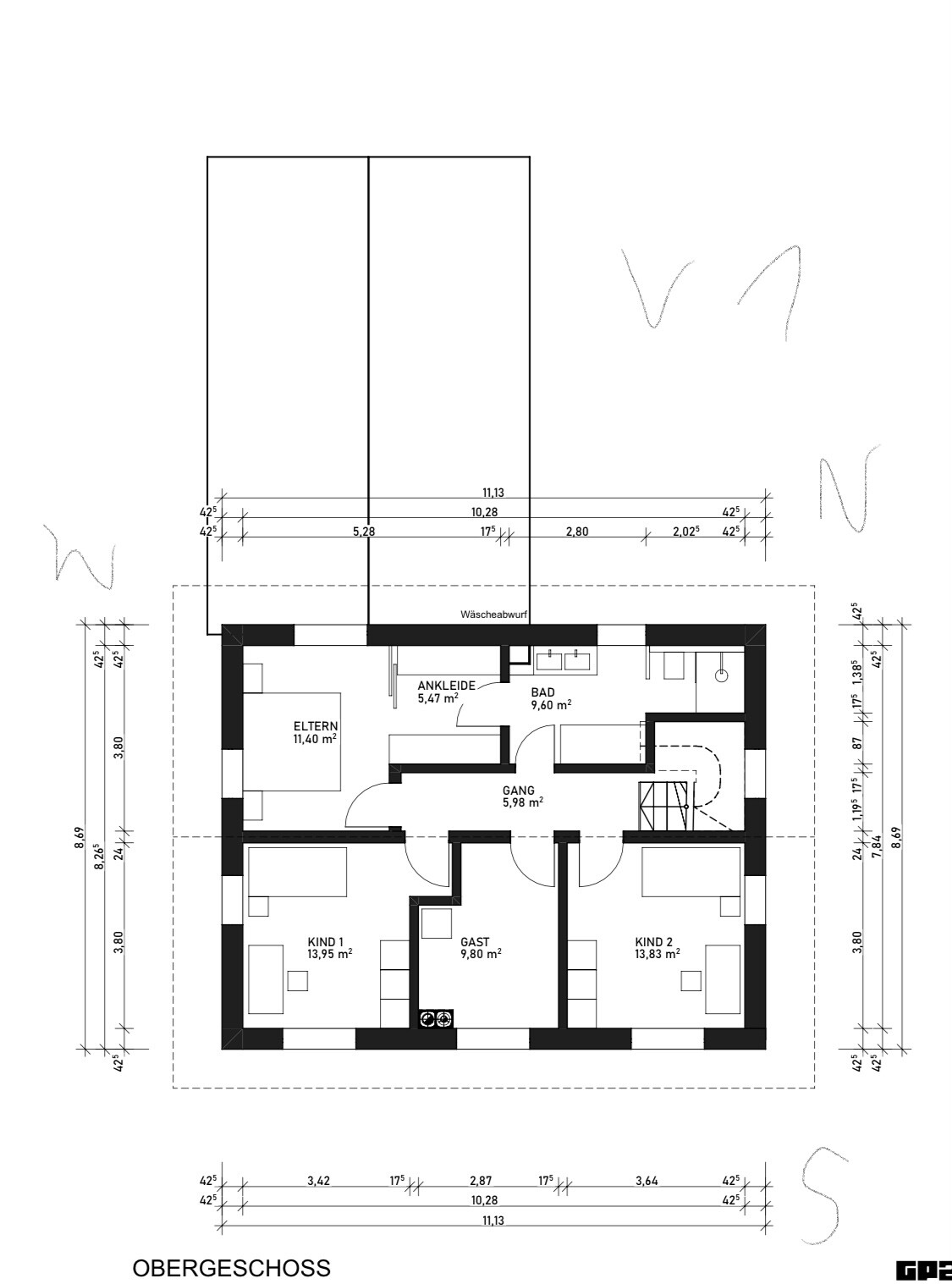 Grundriss Obergeschoss: Flur verbindet Elternzimmer, Kind 1, Kind 2 und Gästezimmer Bad und Ankleide.