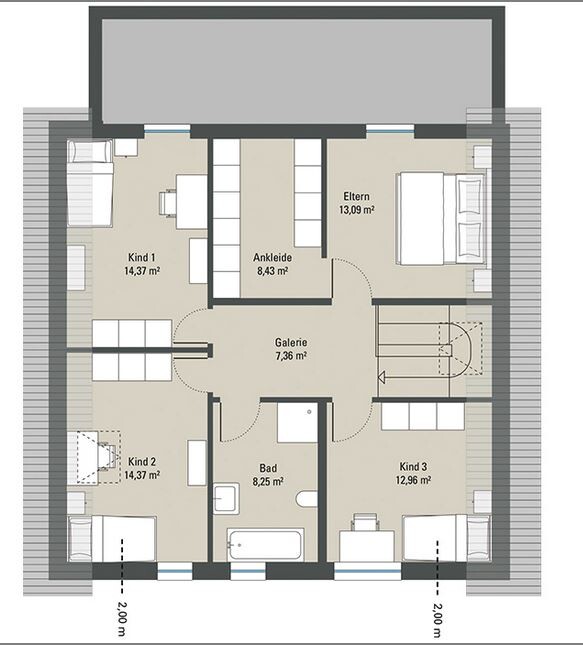 Grundriss eines oberen Stockwerks mit Elternzimmer, drei Kinderzimmer, Ankleide, Bad und Galerie.