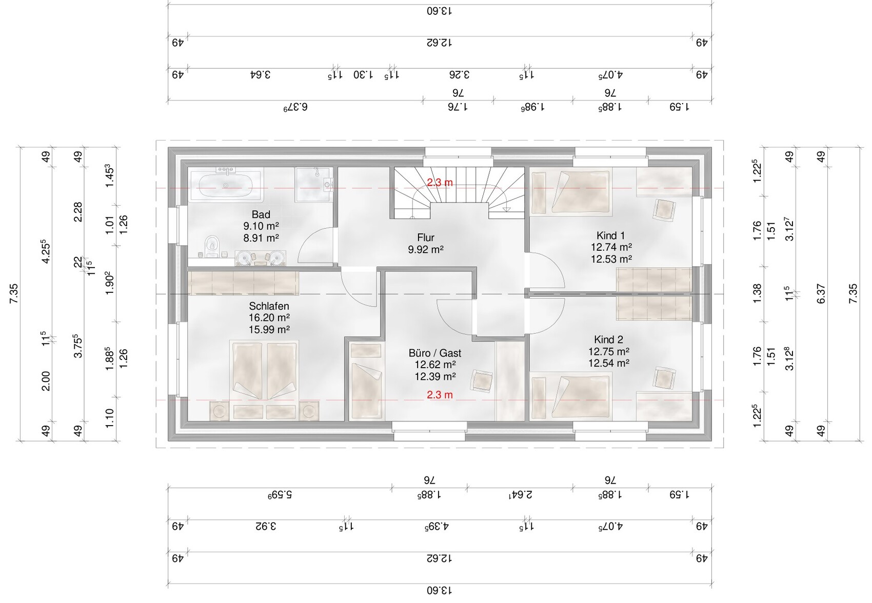 Grundriss-obergeschoss mit Schlafzimmer, zwei Kinderzimmern, Bad, Flur und Buro