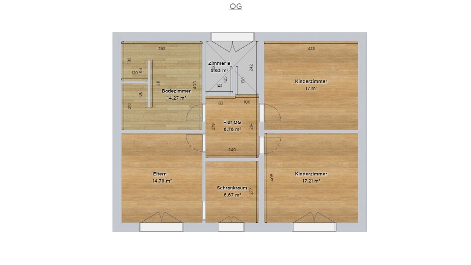 Grundriss der oberen Etage (OG): Elternzimmer, zwei Kinderzimmer, Badezimmer, Flur, Schrankraum.