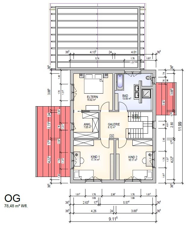 Dachgeschoss-Grundriss mit Elternschlafzimmer, zwei Kinderzimmern, Bad, Ankleide, Galerie und Terrasse