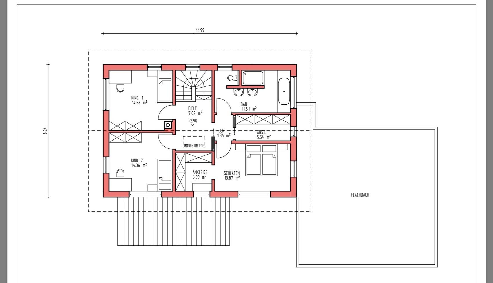 Grundriss eines Obergeschosses: Schlafzimmer, zwei Kinderzimmer, Ankleide, Bad, Flur.