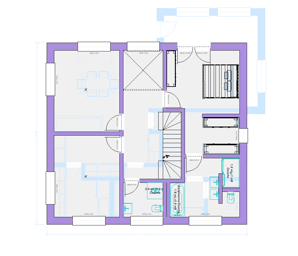 Grundriss eines Wohnhauses: Treppe, Wohnzimmer mit Esstisch, Küche, Bad, Schlafzimmer, Türen.
