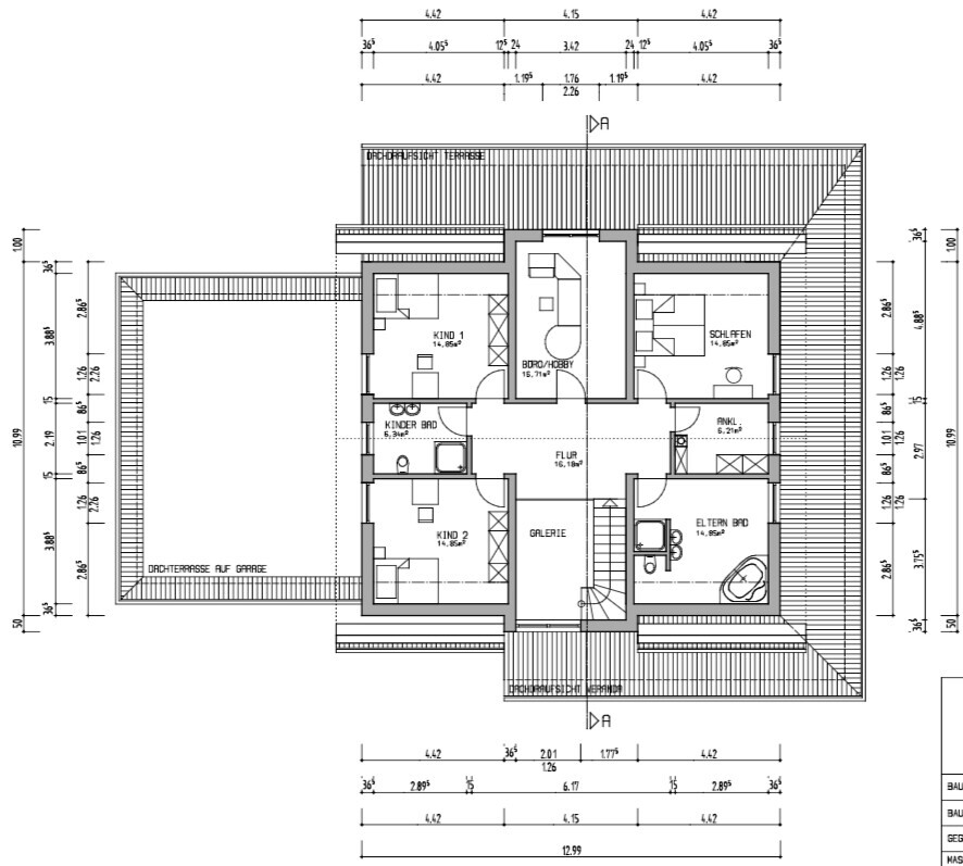 Grundriss Dachgeschoss mit Schlafzimmer, Kinderzimmer 1 und 2, Galerie, Flur, Bad, Ankleide, Terrasse