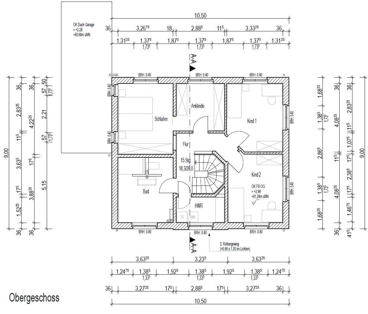Grundriss Obergeschoss: Schlafzimmer, Kind 1, Kind 2, Bad, Flur und Treppen