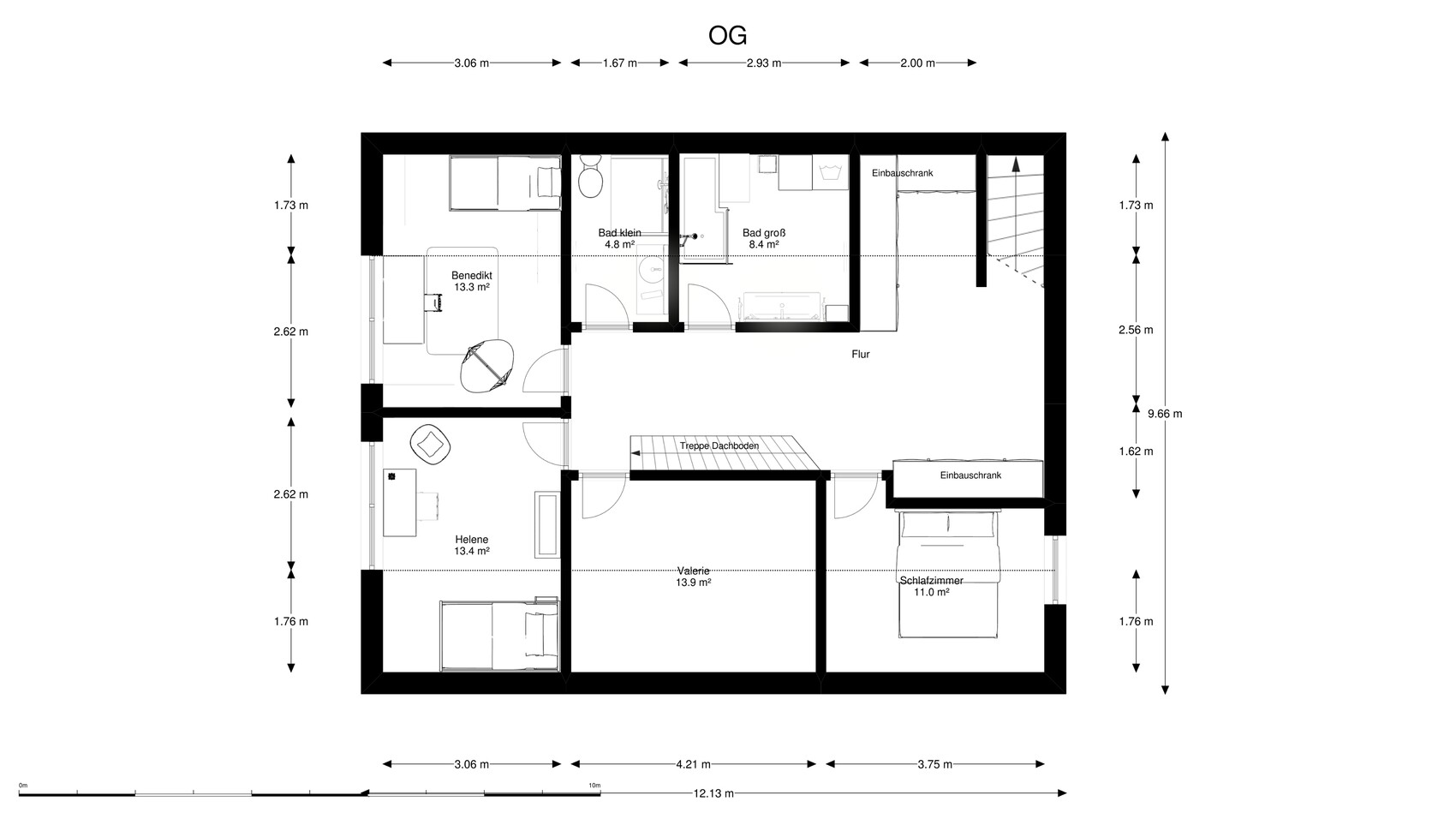 OG-Grundriss: Flur, vier Zimmer, zwei Bäder, Treppe zum Dachboden, Einbauschränke.