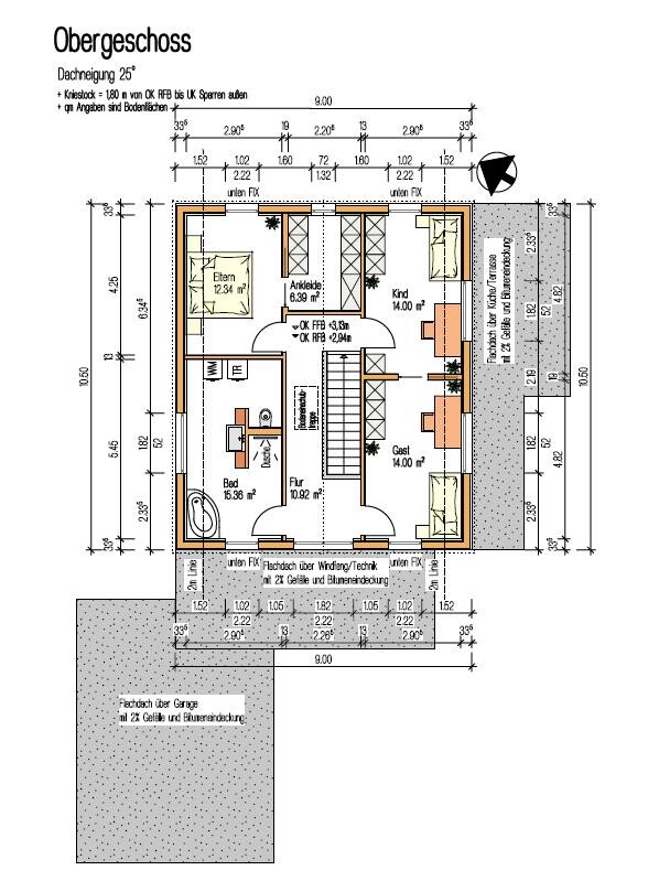 Grundriss Obergeschoss: Eltern, Ankleide, Kind, Gast, Bad, Flur, Terrasse/Balkon