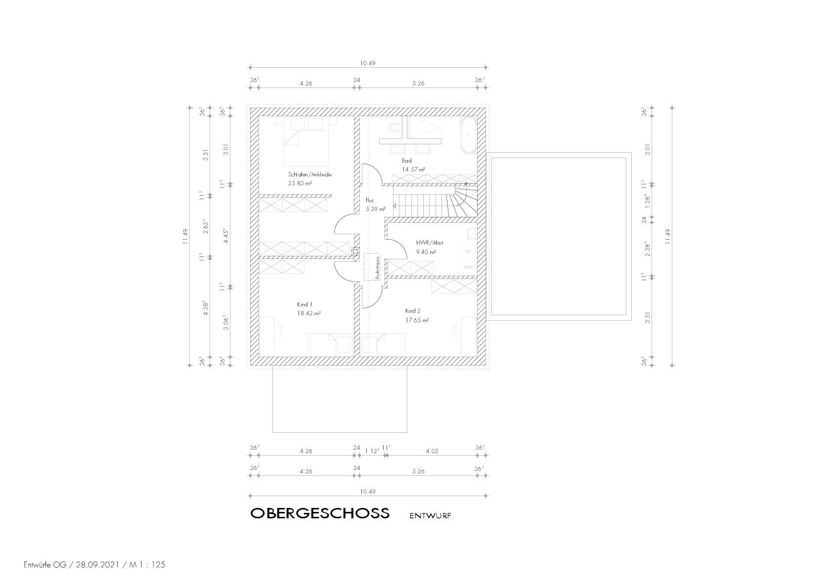 Grundriss Obergeschoss: Schlafzimmer mit Ankleide, zwei Kinderzimmer, Bad, Flur, HWR.