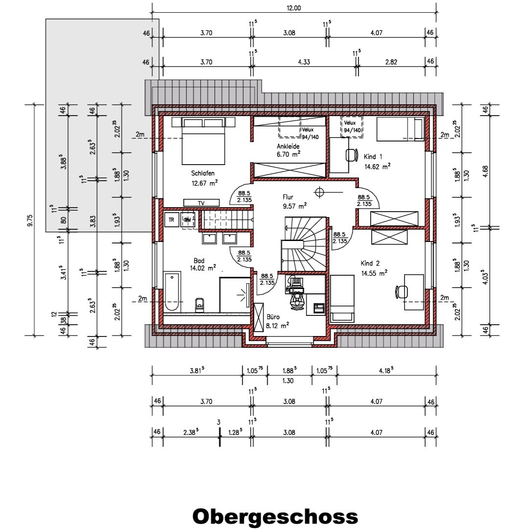 Grundriss Obergeschoss: Schlafzimmer, Bad, Flur, Ankleide, Kind 1, Kind 2, Büro.