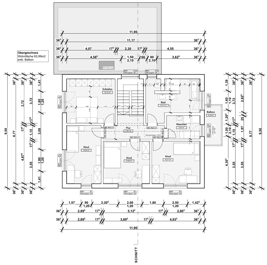 Grundriss eines Obergeschosses: Schlafen, drei Kinderzimmer, Bad, Flur, Waschen, Balkon.